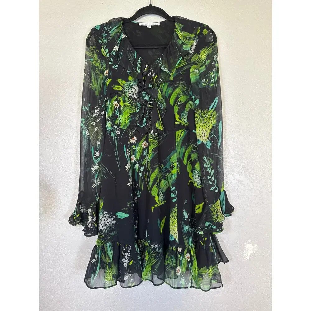 Secret Mission Silk Daisy Floral Dress Womens Medium Black Green Sheer Tiered - Picture 2 of 10